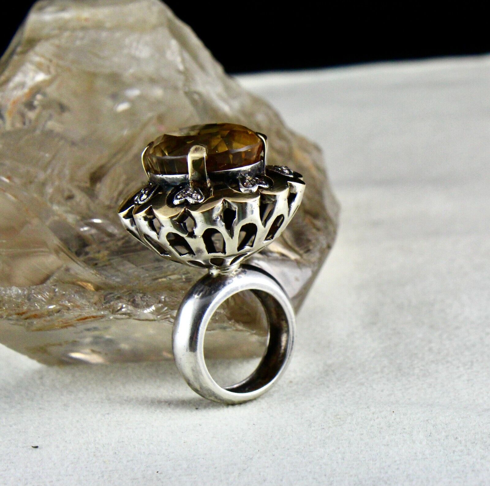 Antique Big Yellow Citrine Cut Diamond 18k Gold 925 Silver Ladies Victorian Ring