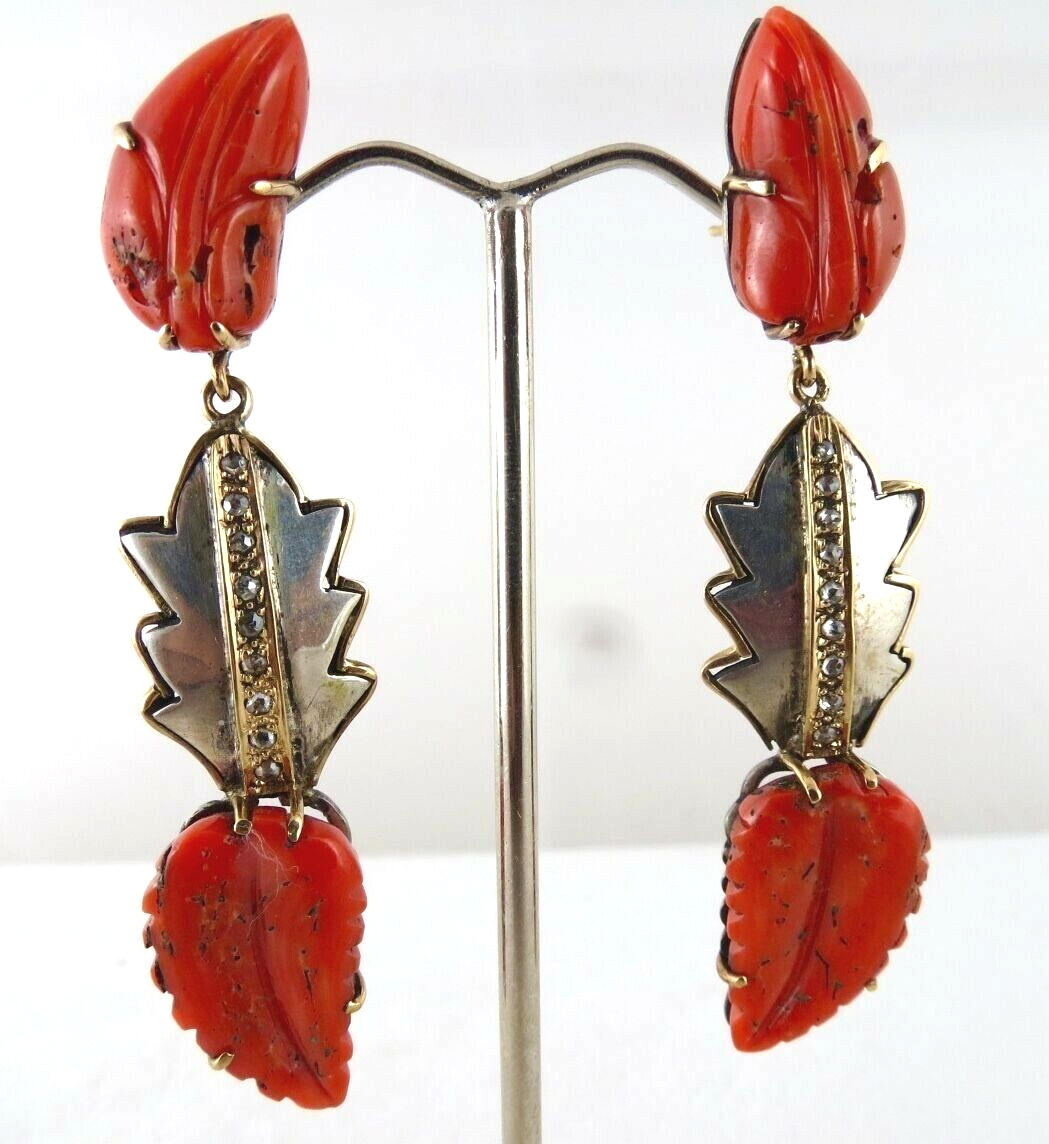 NATURAL CORAL CARVED 19.50 CARATS LEAVES DIAMOND 925 SILVER 18K GOLD EARRING