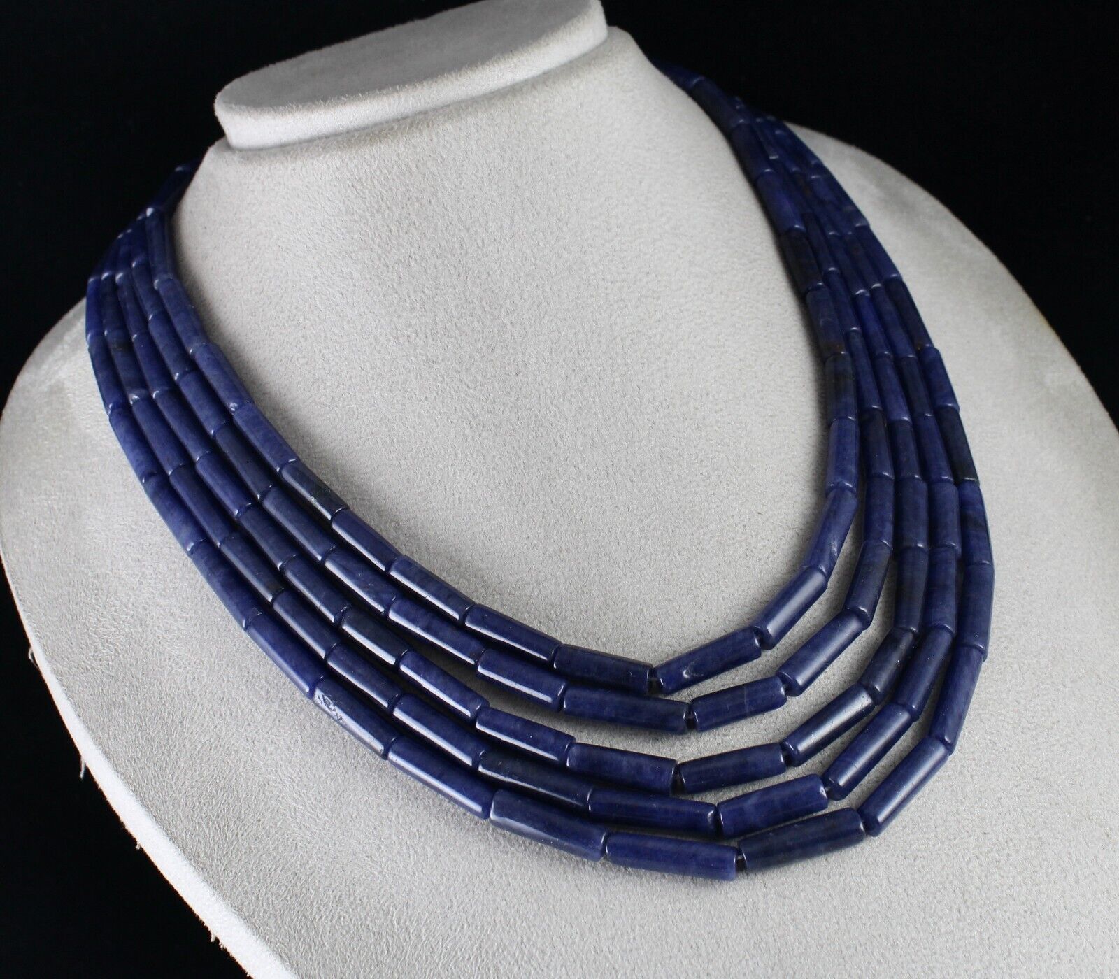 NATURAL BLUE AVENTURINE TUBE GEMSTONE 5 LINE 896 CT SEMI PRECIOUS BEADS NECKLACE