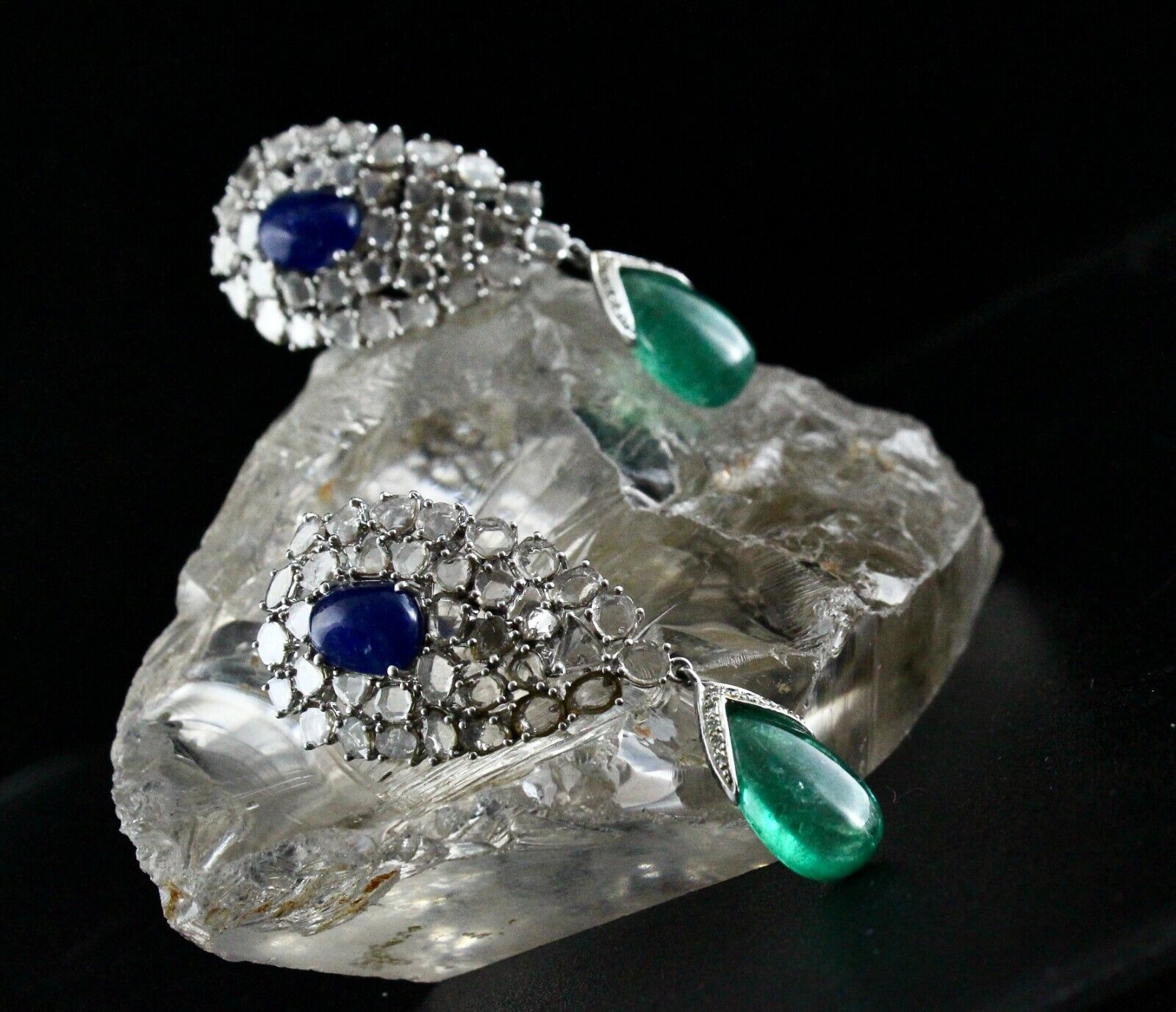 Natural Blue Sapphire Emerald Cabochon Diamond 18K Gold Classic dangle Earring