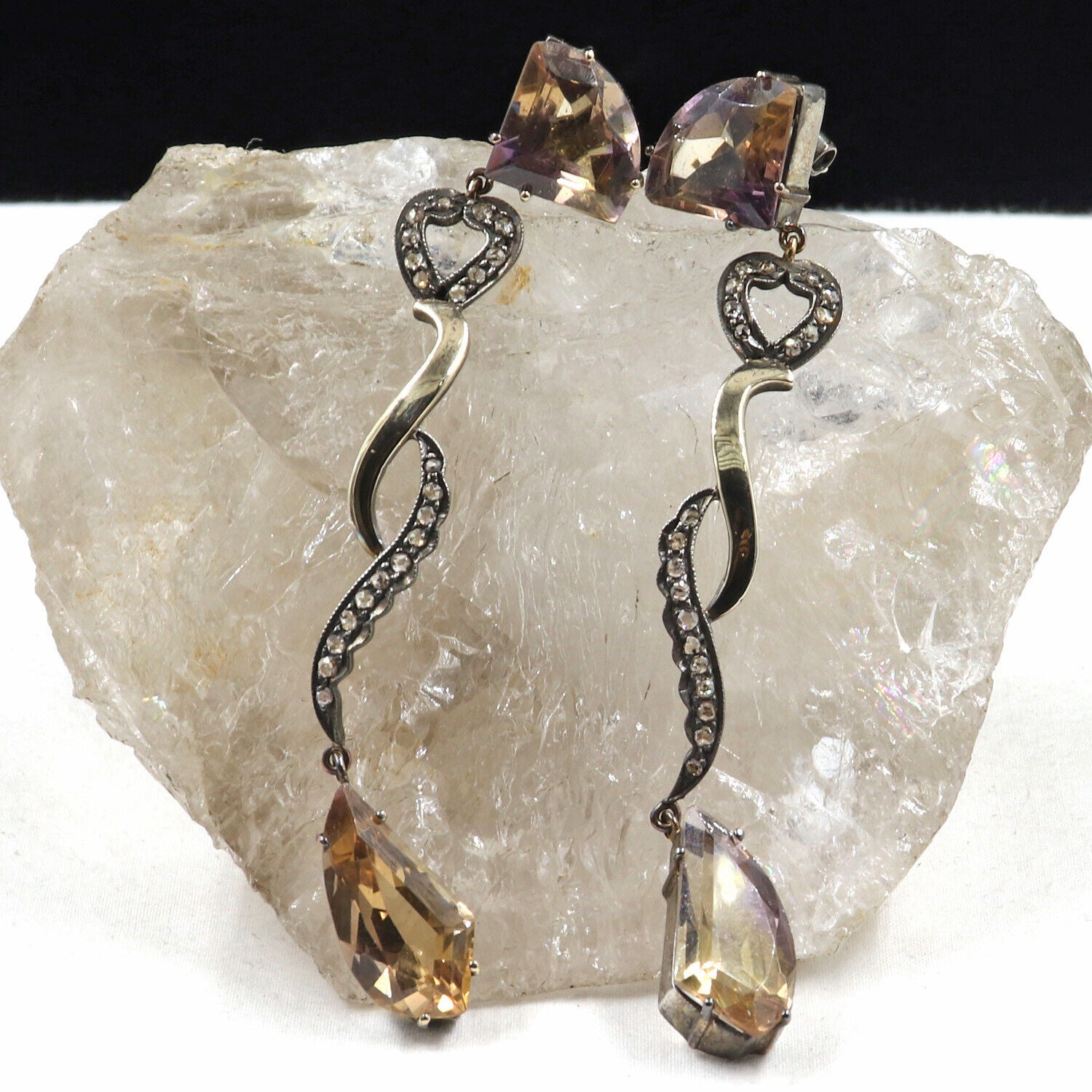Natural Ametrine Multi Cut 18K Gold Diamond & 925 Silver Victorian Earring