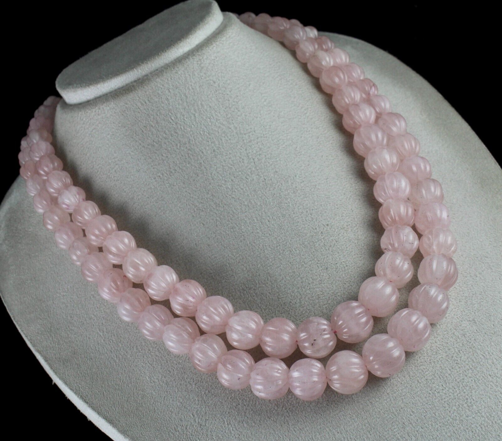 Vintage Natural Rose Quartz Melon Carved Beads 1436 Ct Gemstone Silver Necklace
