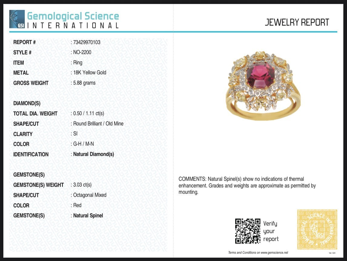 Certified Natural Red Spinel Ring Cut Diamond 18K Gold Statement Finest Jewelry