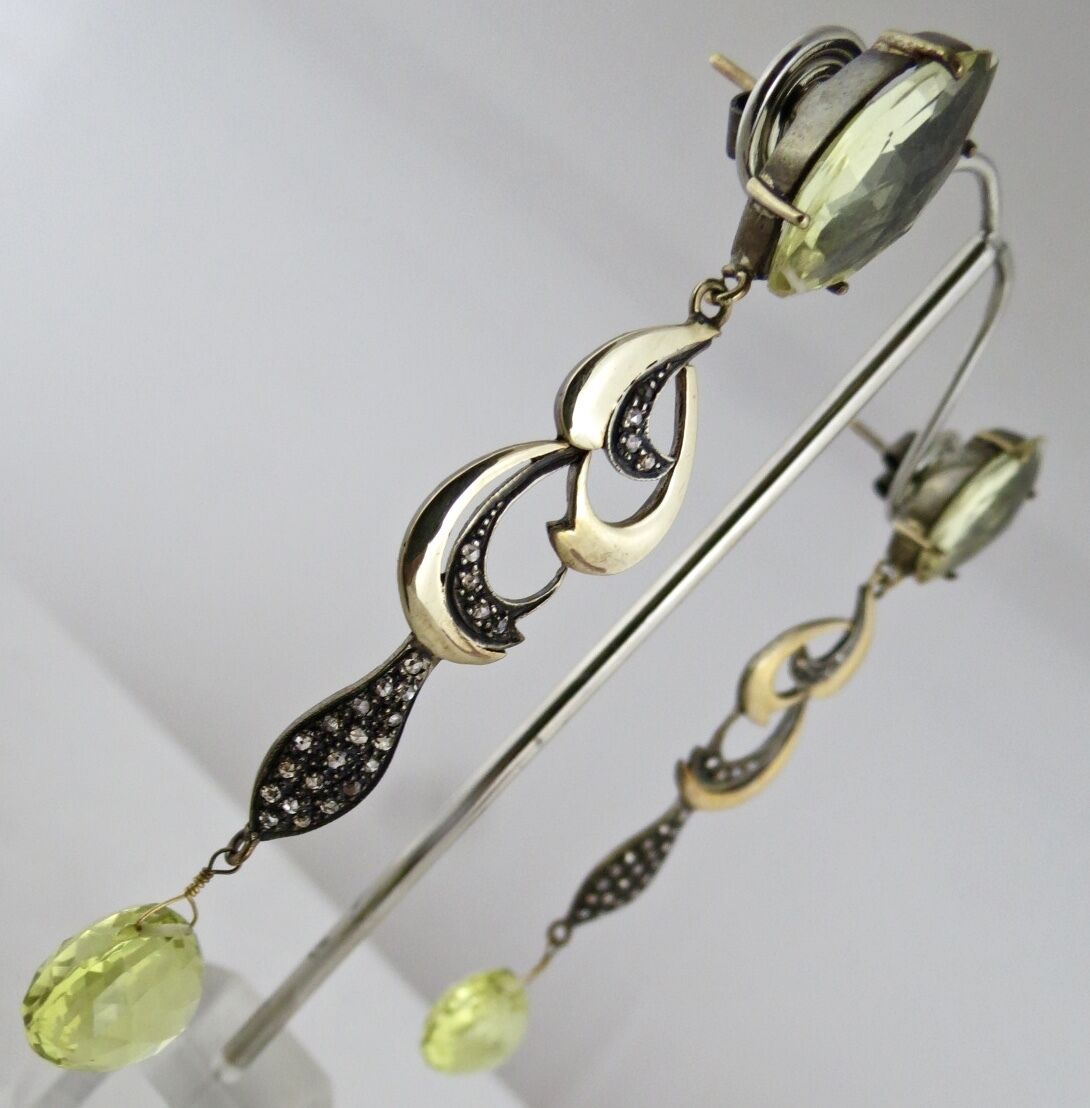 NATURAL LEMON QUARTZ TEAR DROPS DIAMOND 18K GOLD 925 SILVER VICTORIAN EARRING