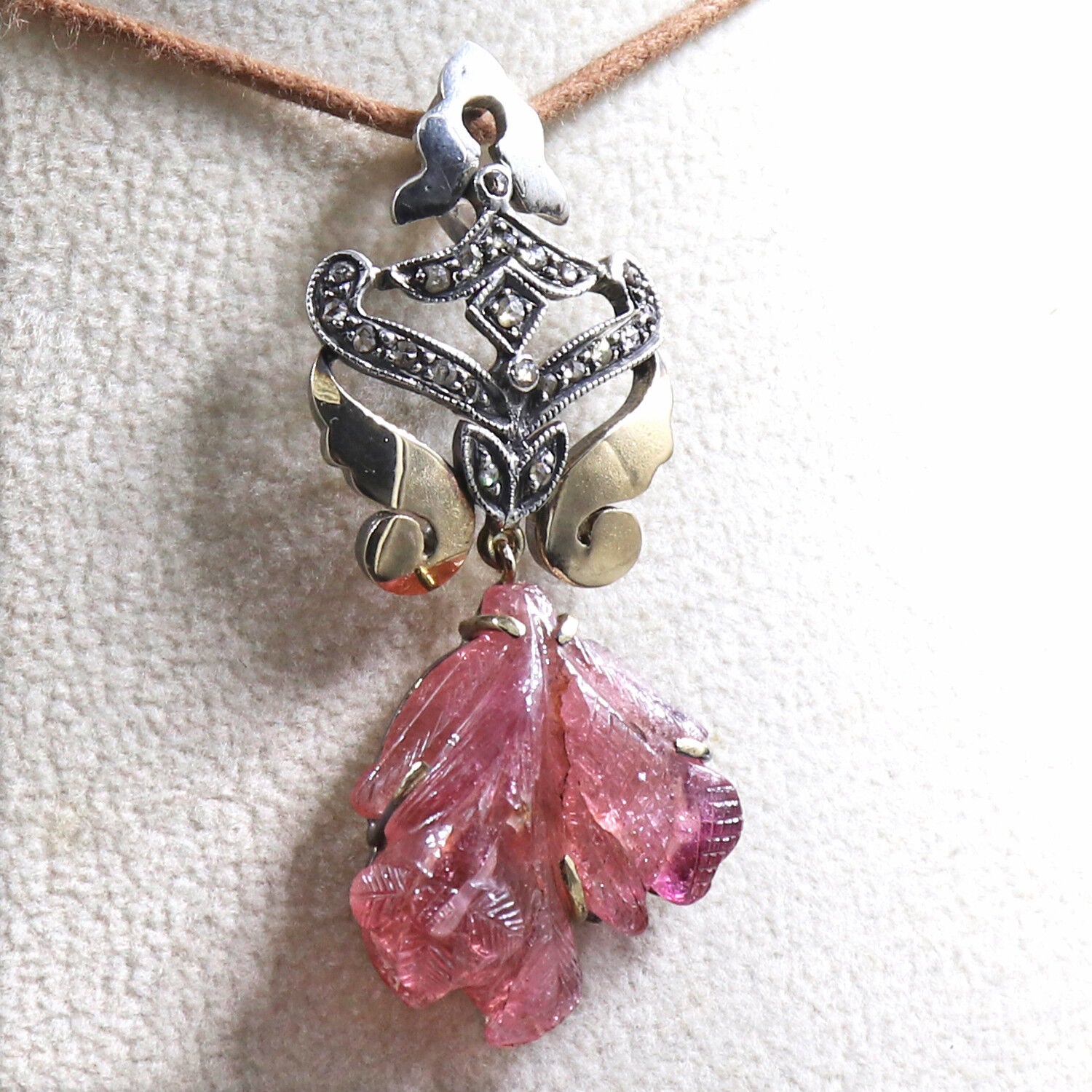 ANTIQUE PINK TOURMALINE DIAMOND 925 SILVER 18K GOLD VICTORIAN GEMSTONE PENDANT