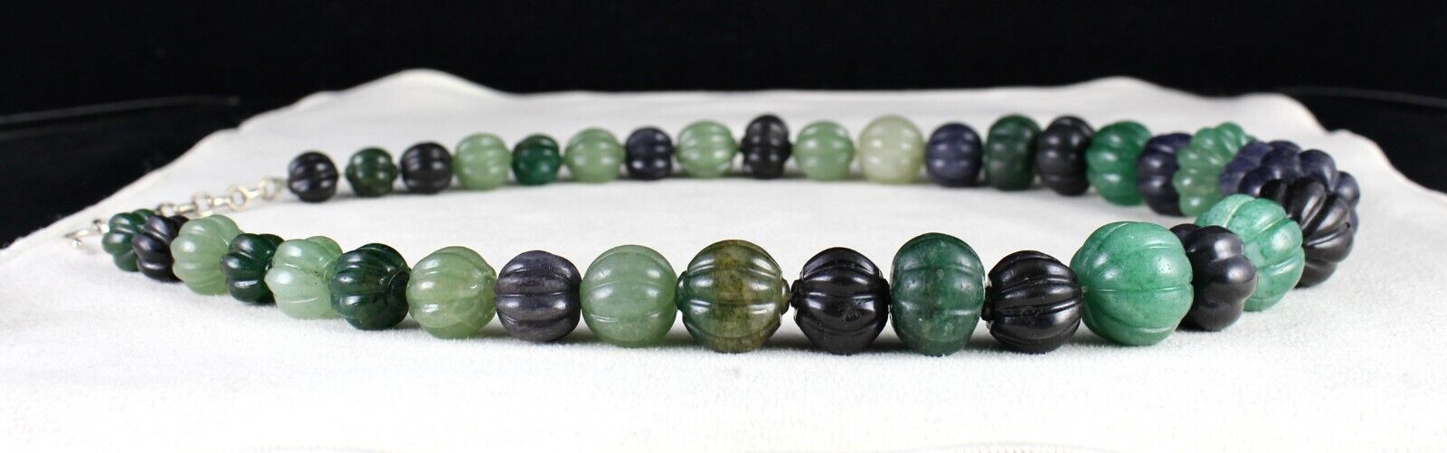 Natural Multi Jade Melon Carved Beads 960 Ct Blue Green Gemstone Silver Necklace