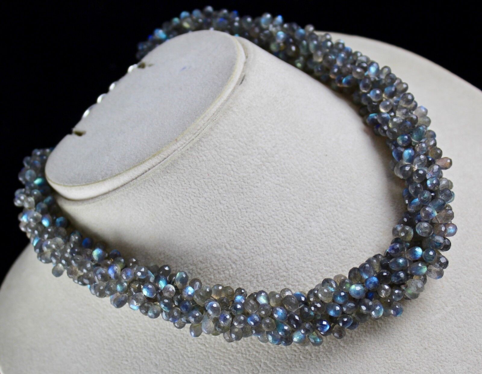 NATURAL LABRADORITE BEADS TEARDROPS 4 LINE 561 CARATS GEMSTONE SILVER NECKLACE