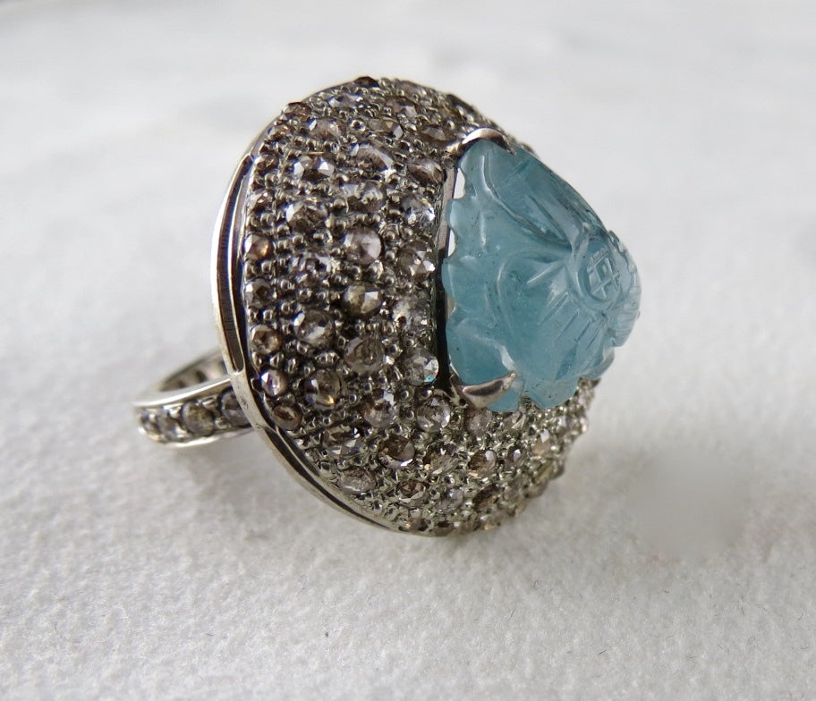 Victorian Sterling Silver Blue Aquamarine 10.00ct Natural Diamond Ring For Women