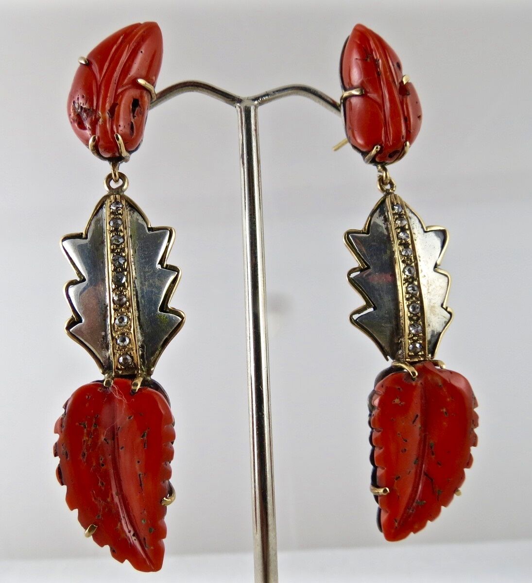 NATURAL CORAL CARVED 19.50 CARATS LEAVES DIAMOND 925 SILVER 18K GOLD EARRING