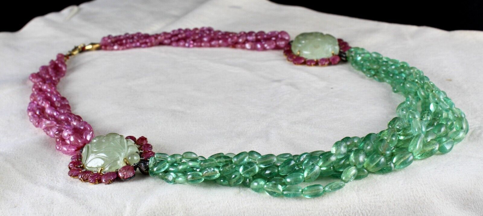 NATURAL COLOMBIAN EMERALD PINK SAPPHIRE BEADS CARVED GEMSTONE 18K GOLD NECKLACE