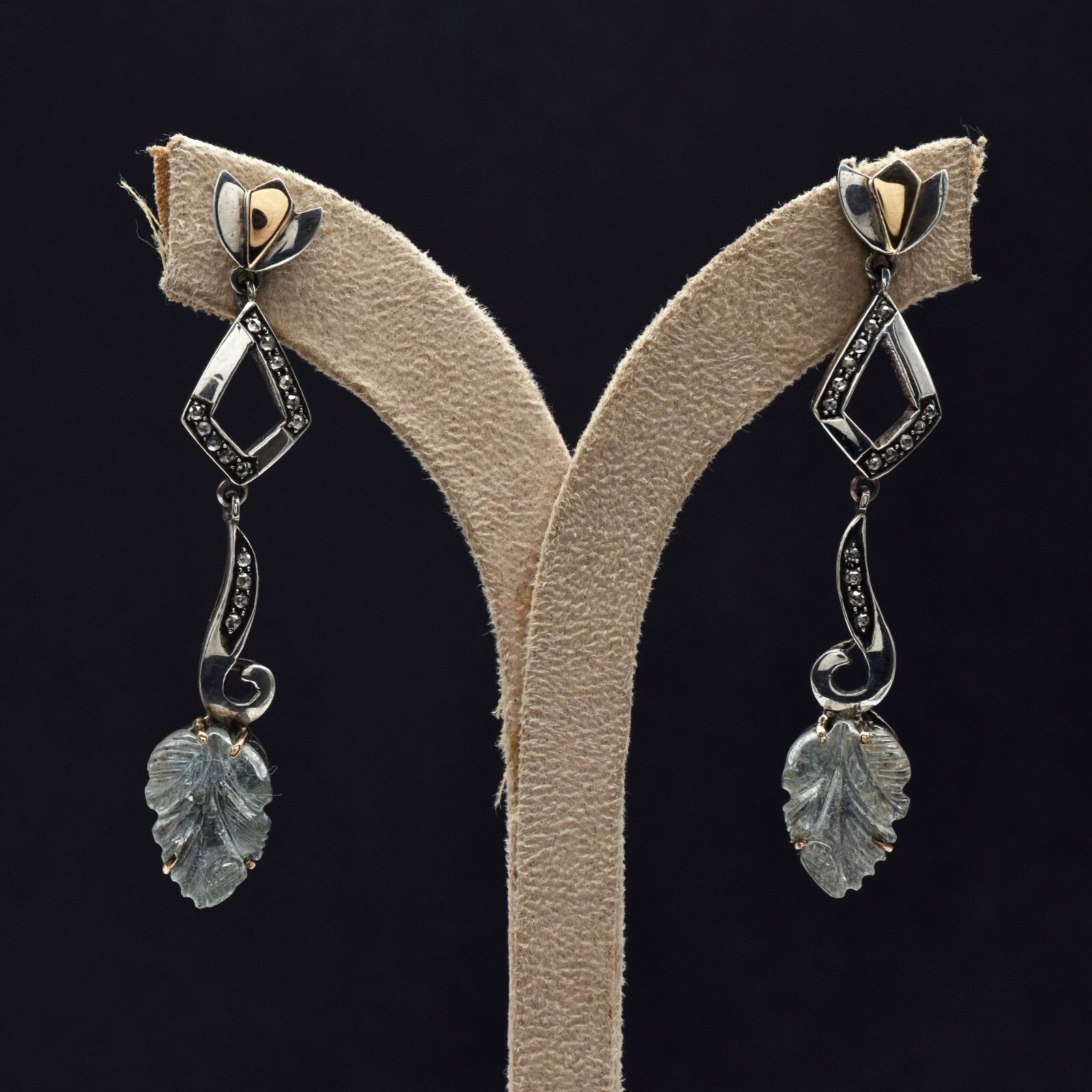 Natural Blue Tourmaline 10ct Carved Natural Diamond 18k Gold 925 Silver Earrings