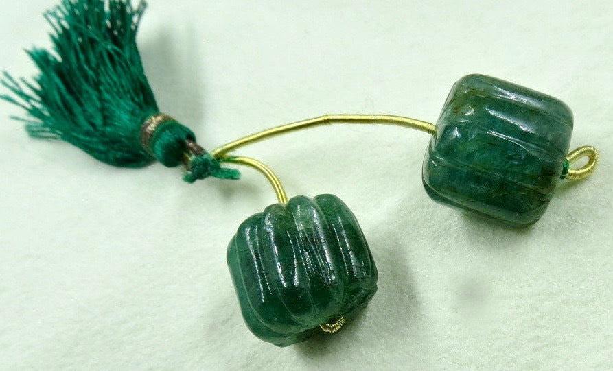 Certified 13mm Natural Emerald Carved Gemstone Bead Pair 36 Ct Earring Design