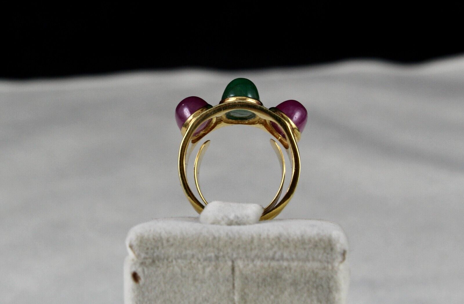 ANTIQUE NATURAL EMERALD RUBY CABOCHON GEMSTONE DIAMOND GOLD PLATED SILVER RING