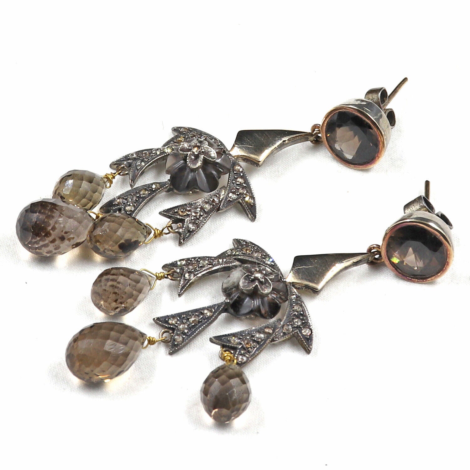 Vintage Natural Smoky Quartz Teardrops Diamond 18K Gold Silver Victorian Earring