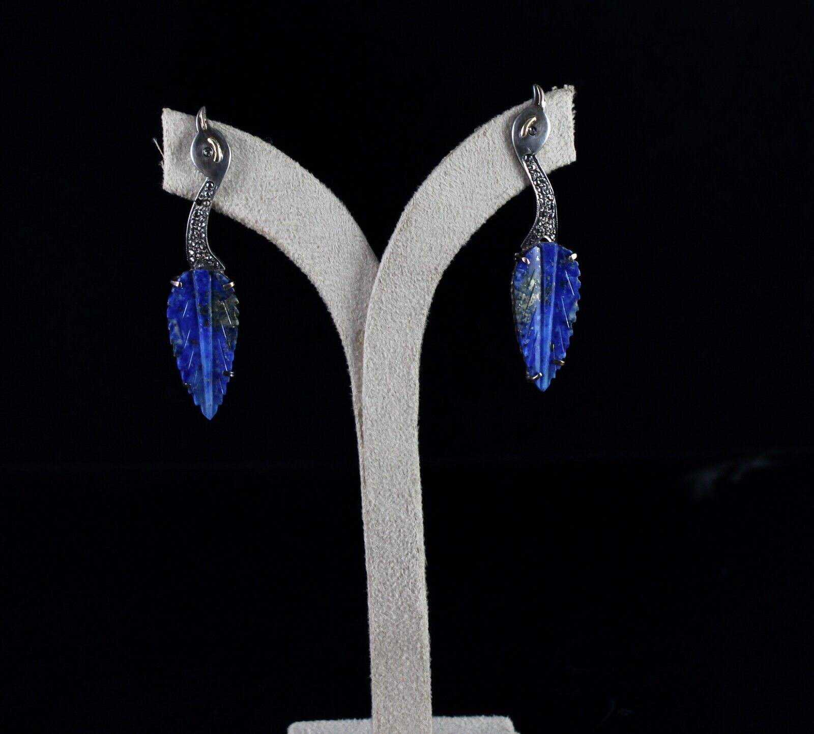 NATURAL LAPIS LAZULI LEAF DIAMOND SILVER 18K GOLD VICTORIAN PENDANT EARRING SET