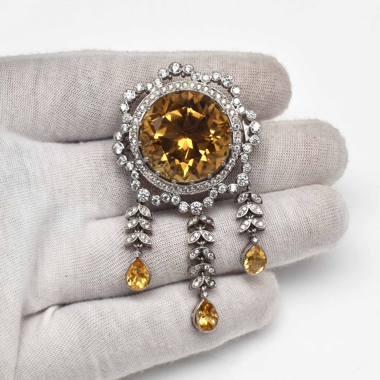 Natural Yellow Citrine Round Cubic Zirconia Stone Silver Brooch Pendant Unisex
