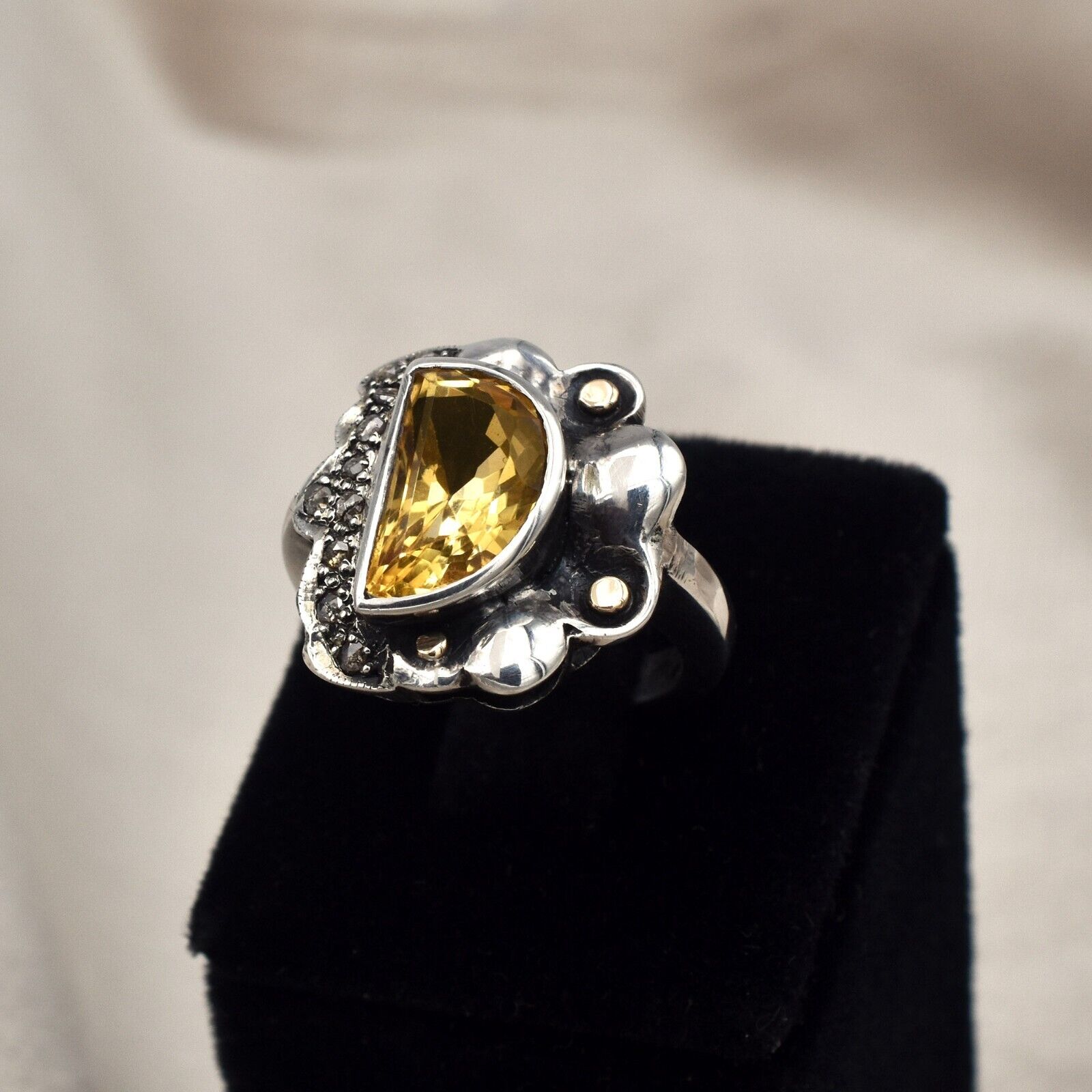 Vintage Natural Yellow Citrine Diamond 18K Gold Silver Victorian Women Ring