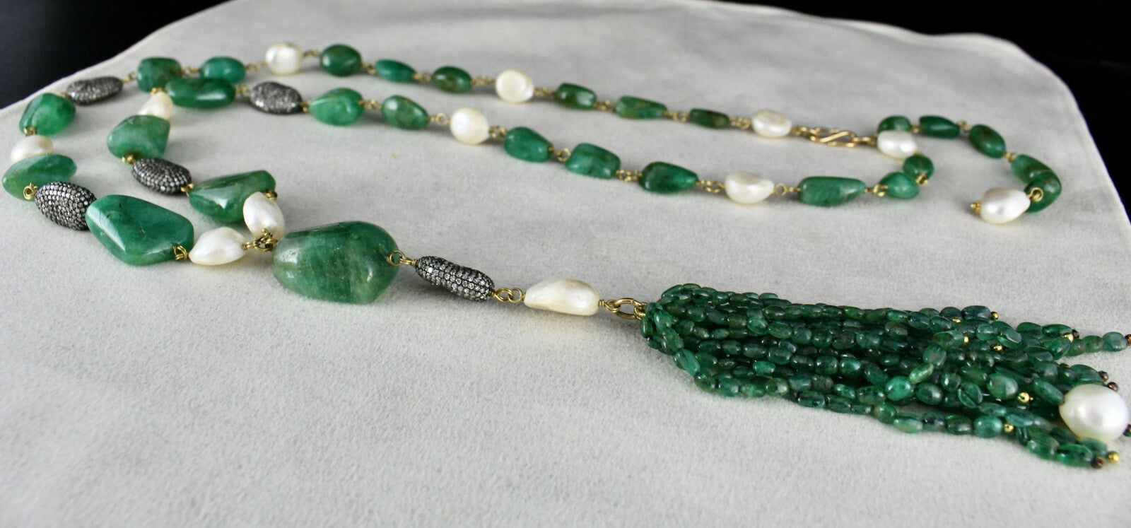 Certified Natural Emerald Beads 10ct Diamond Pearl 18k Gold Necklace Set