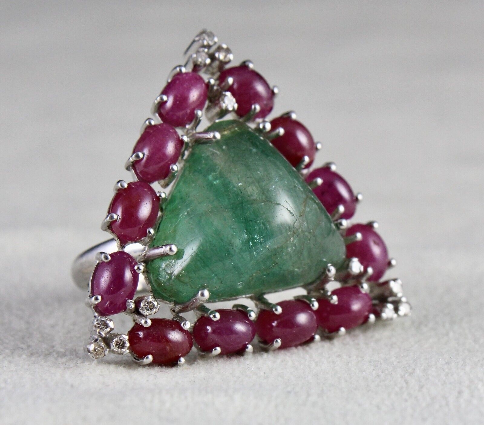 Antique Natural Emerald Ruby Cabochon Gemstone Diamond Silver Big Cocktail Ring