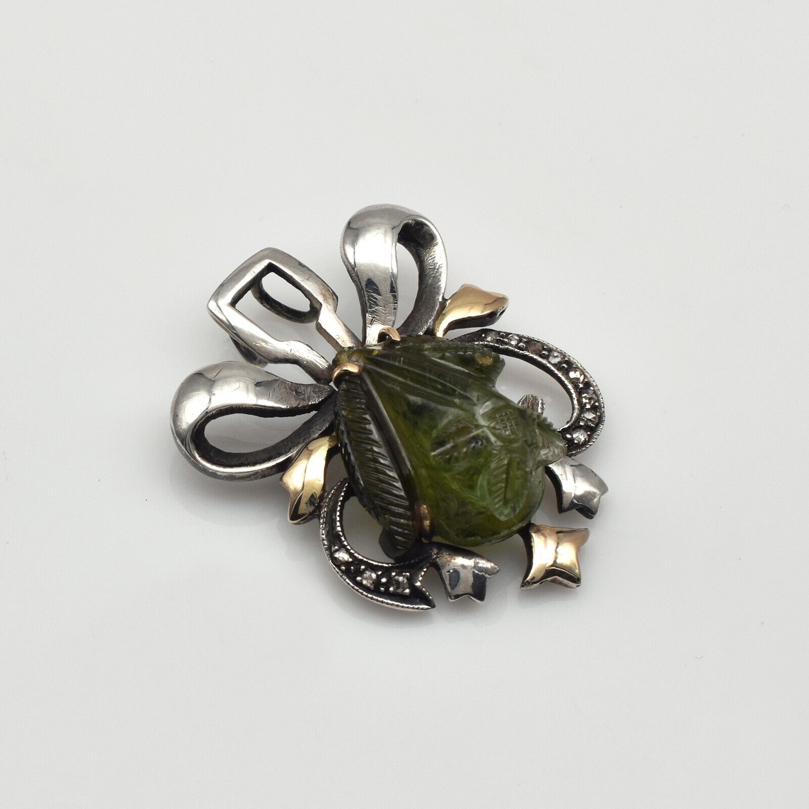 Vintage Natural Green Chrome Tourmaline Diamond Silver & Gold Victorian Pendant