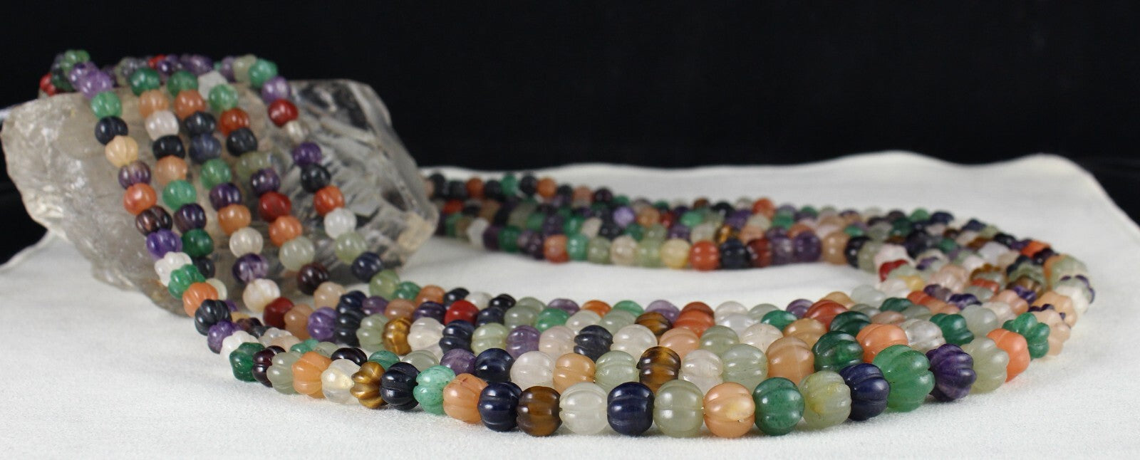 Vintage Multi Natural Semi Precious Carved Melon Beads Necklace 1360 Ct