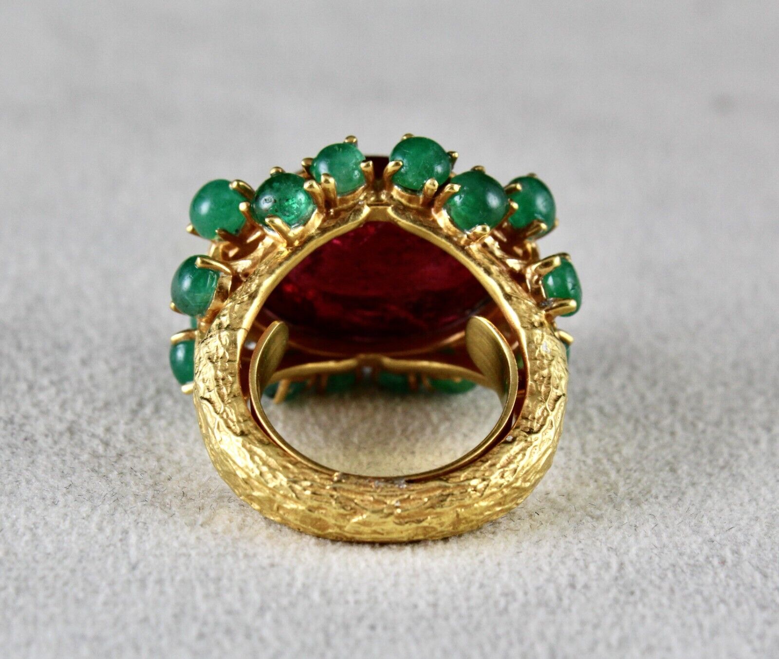 UNIQUE NATURAL PINK TOURMALINE EMERALD CABOCHON CARVED SILVER GOLD PLATED RING