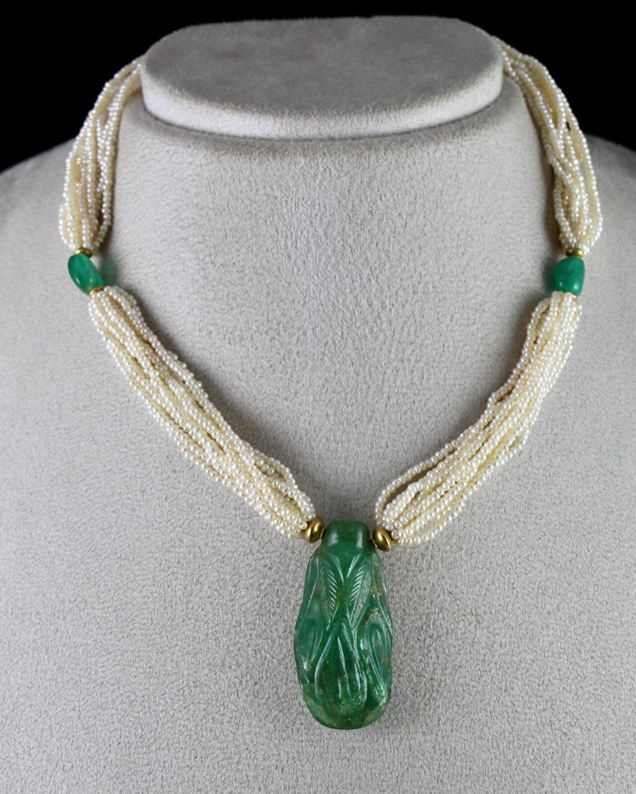 Certified Natural Emerald Cabochon 55ct Jadau Diamond 22k Gold Pearl Necklace