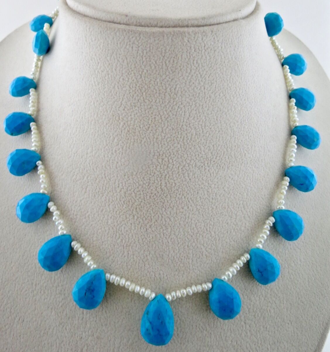 BLUE TURQUOISE MAGNESITE FACETED TEAR DROP BEADS 205 CTS PEARL SILVER NECKLACE