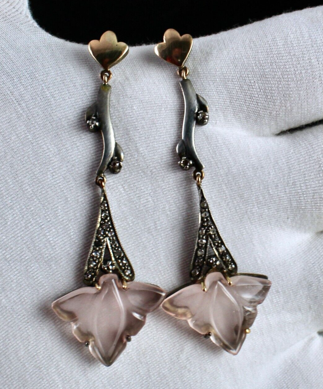 NATURAL ROSE QUARTZ CARVED LEAF DIAMOND 18K GOLD 925 SILVER VICTORIAN EARRING
