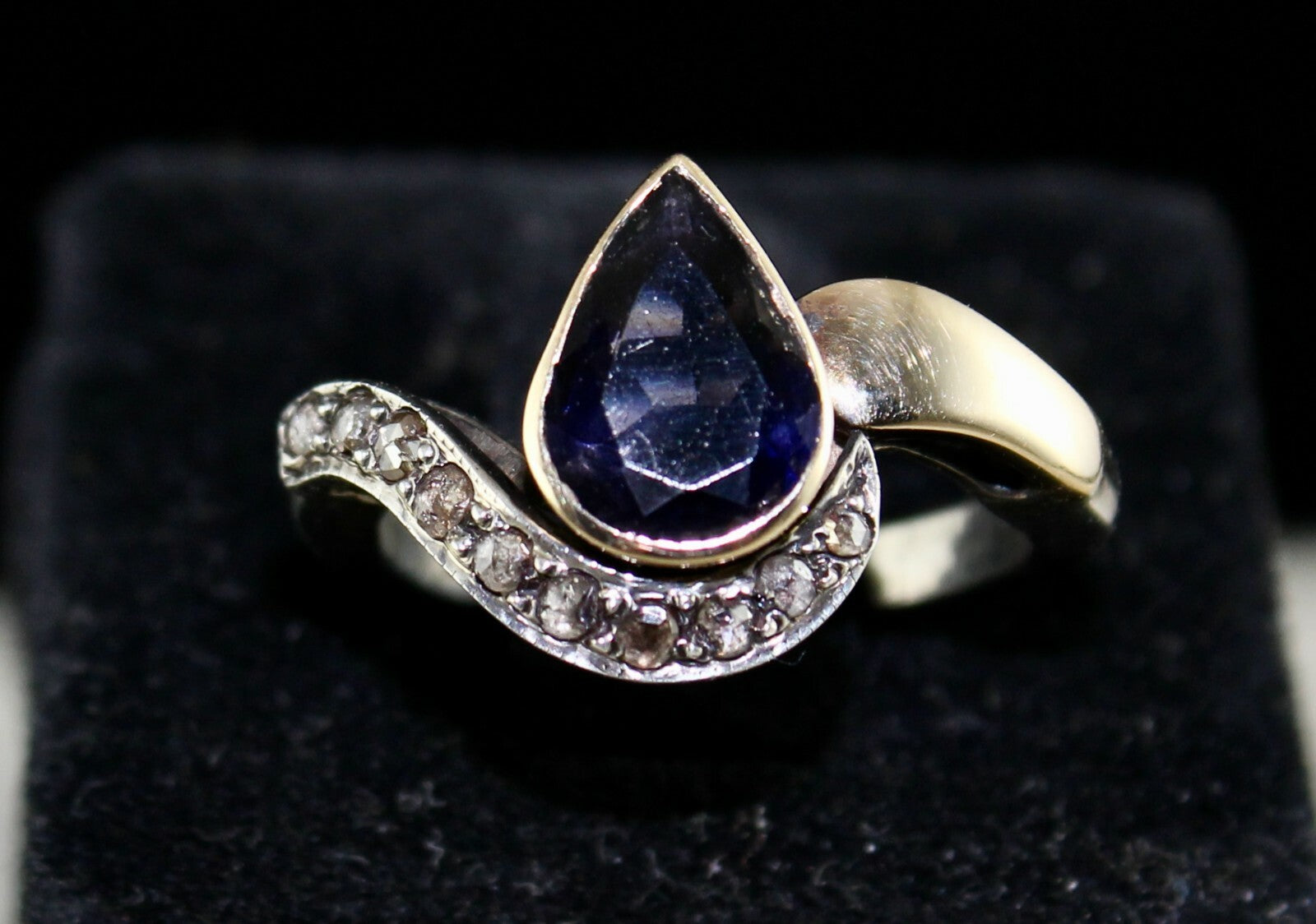 Antique Natural Blue Iolite 10ct Pear Cut Natural Diamond 18k Gold Silver Ring