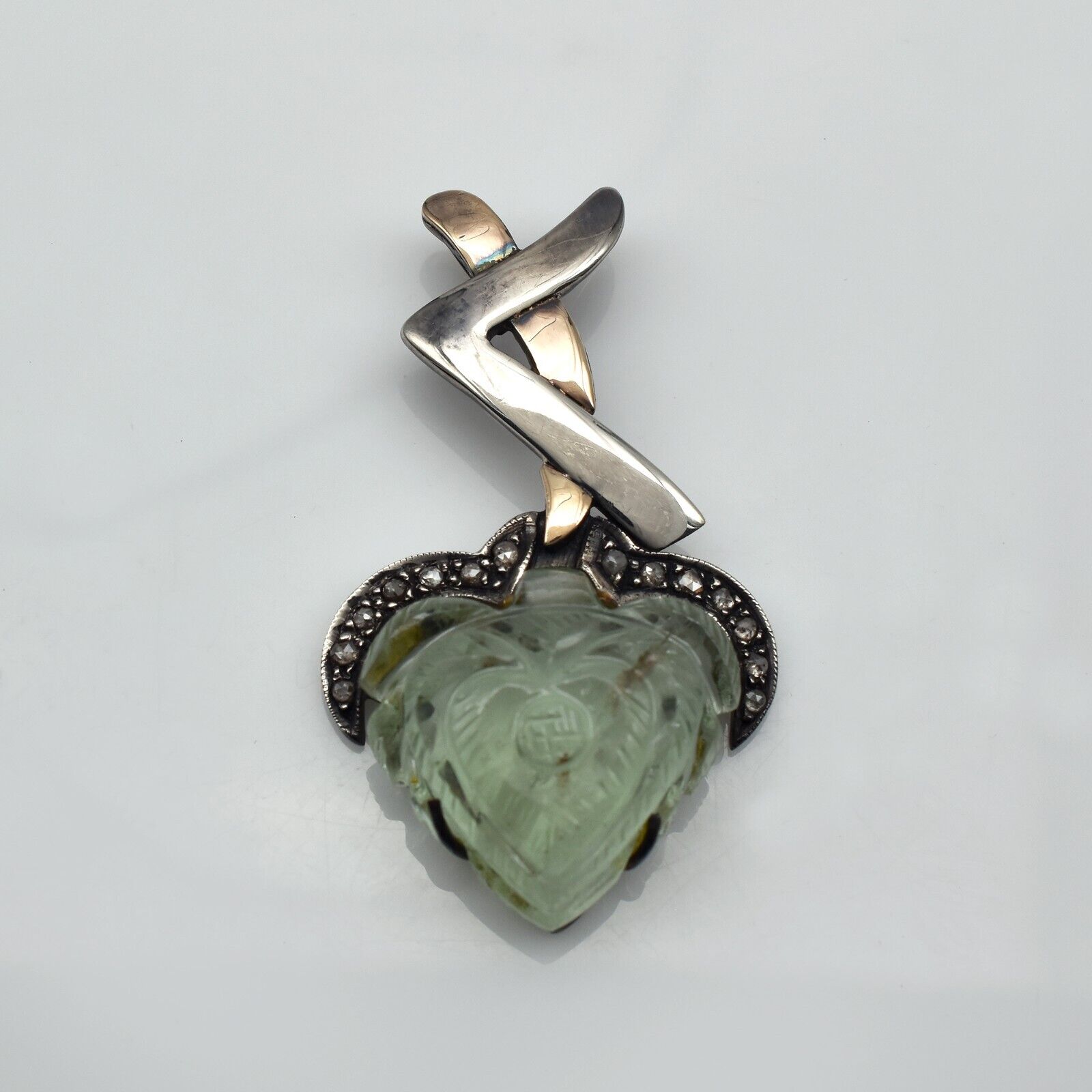 Natural Green Aquamarine Engraved 18K Gold Diamond 925 Silver Victorian Pendant