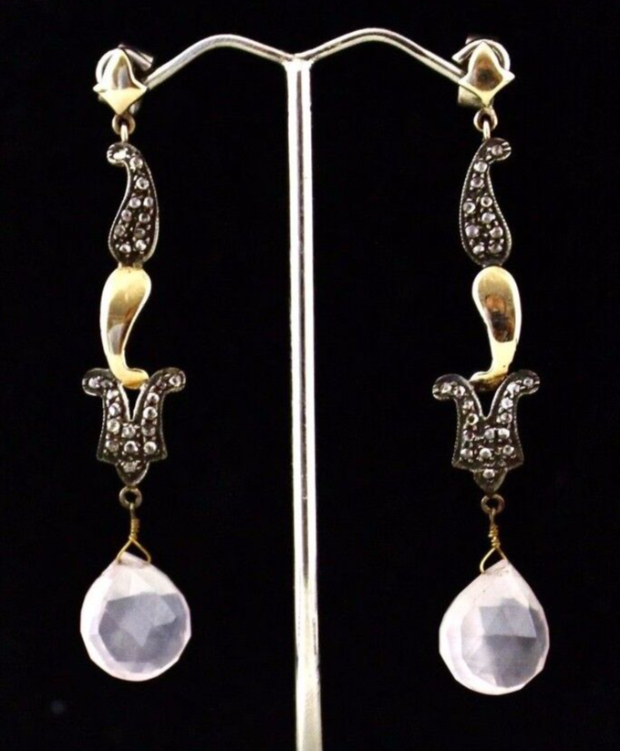 NATURAL ROSE QUARTZ TEAR DROPS DIAMOND 18K GOLD 925 SILVER VICTORIAN EARRING
