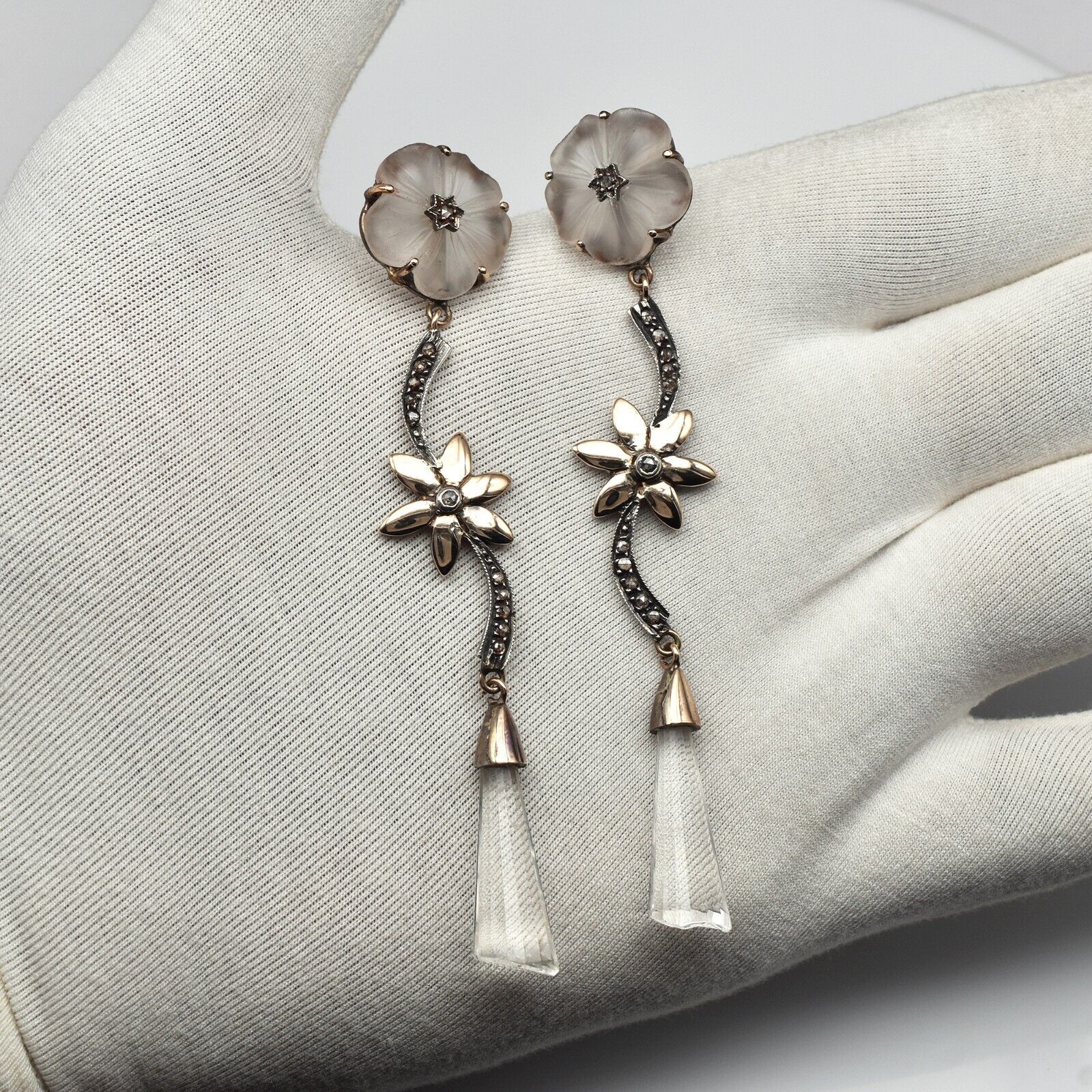Natural Rock Crystal Quartz Carved Diamond 18K Gold & Silver Victorian Earring