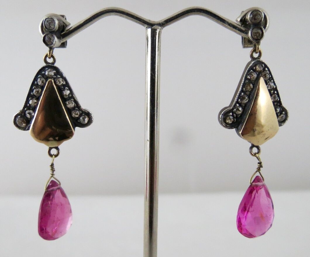 Silver Victorian Dangle Earring Studded Natural Pink Tourmaline Diamond 18k Gold