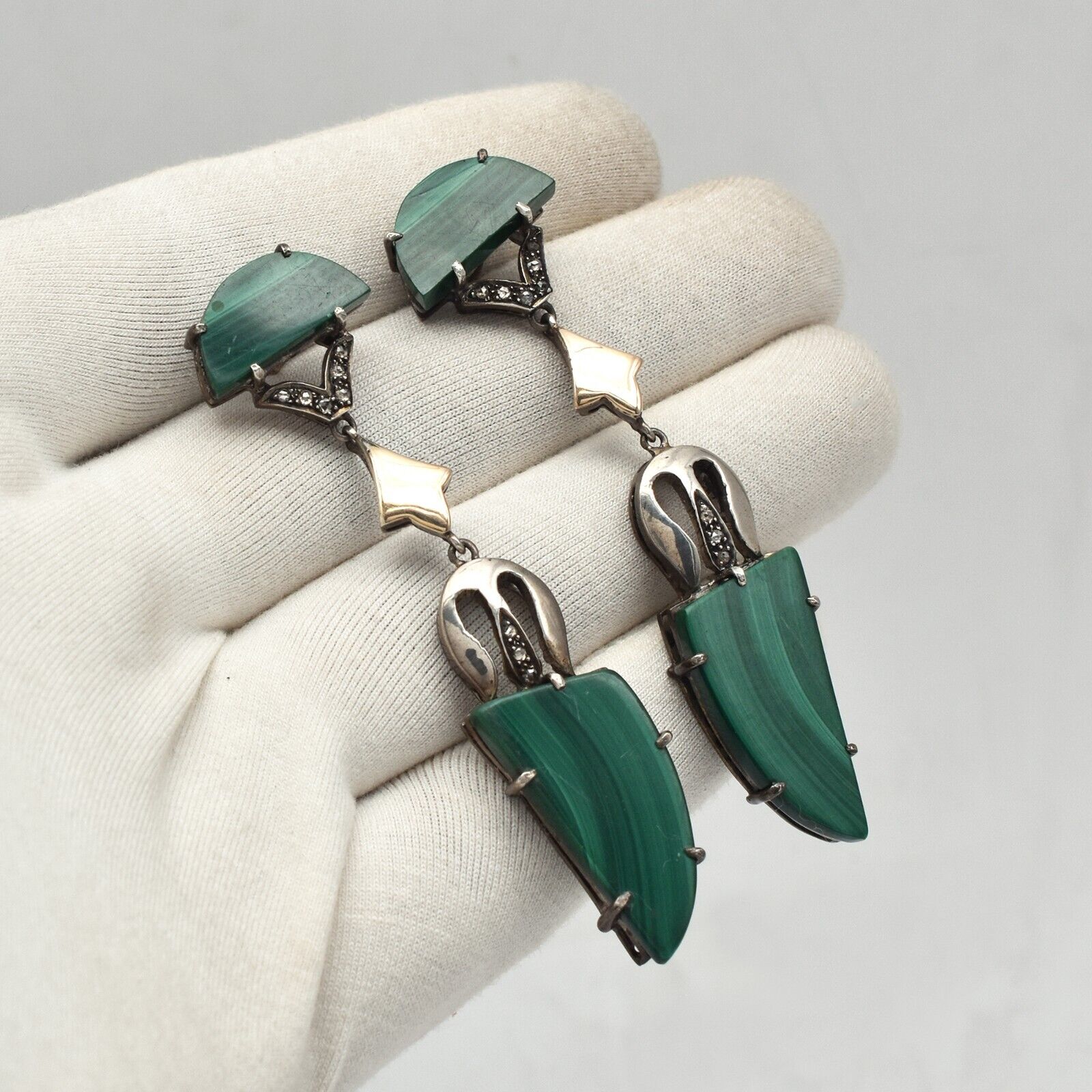 Vintage Natural Green Malachite Diamond Silver 18K Gold Victorian Dangle Earring
