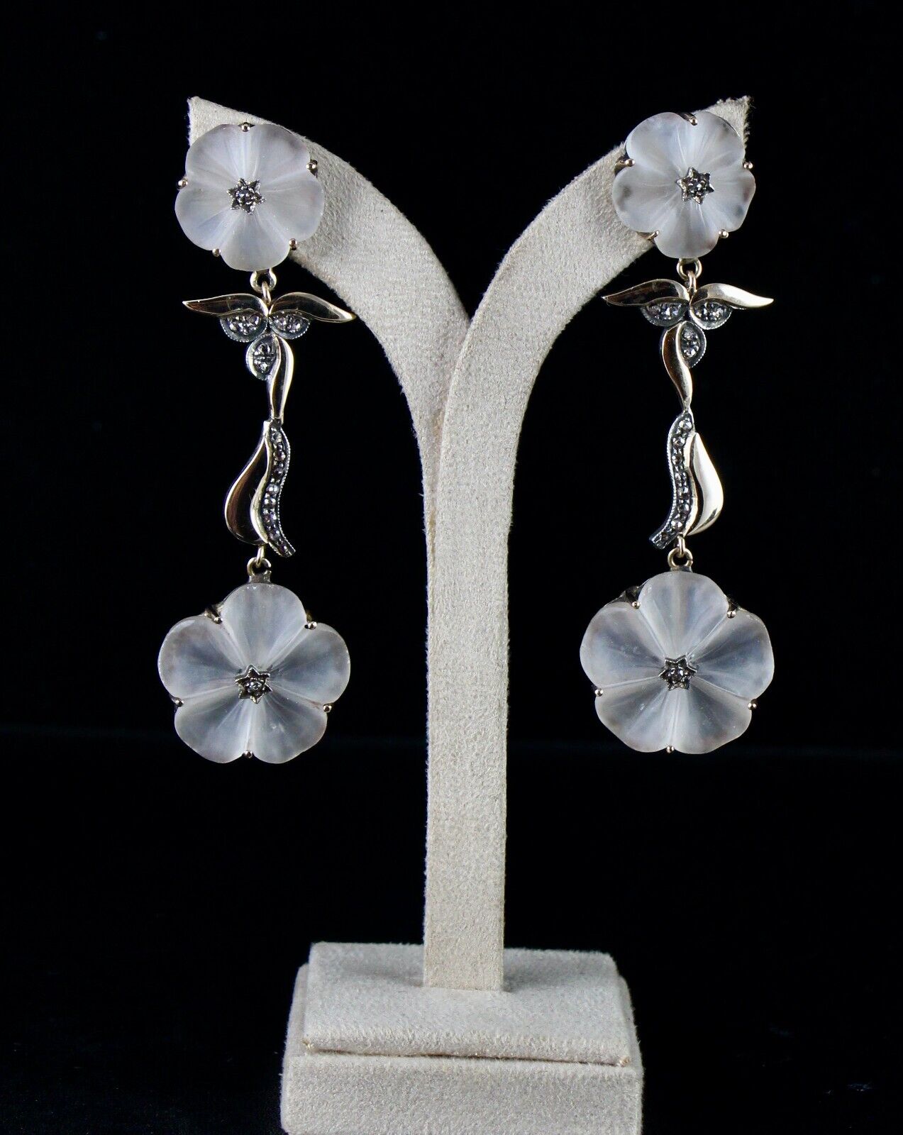 NATURAL ROCK CRYSTAL QUARTZ CARVED DIAMOND 18K GOLD 925 SILVER VICTORIAN EARRING