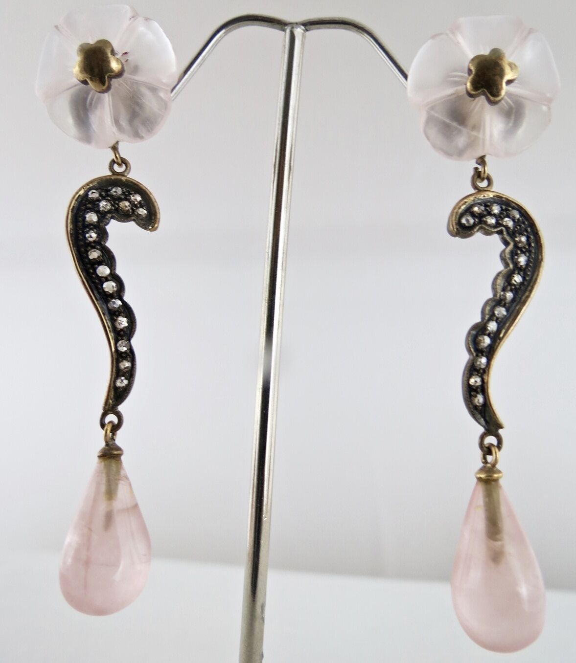 NATURAL ROSE QUARTZ CARVED FLOWER DIAMOND 18 K GOLD 925 SILVER VICTORIAN EARRING