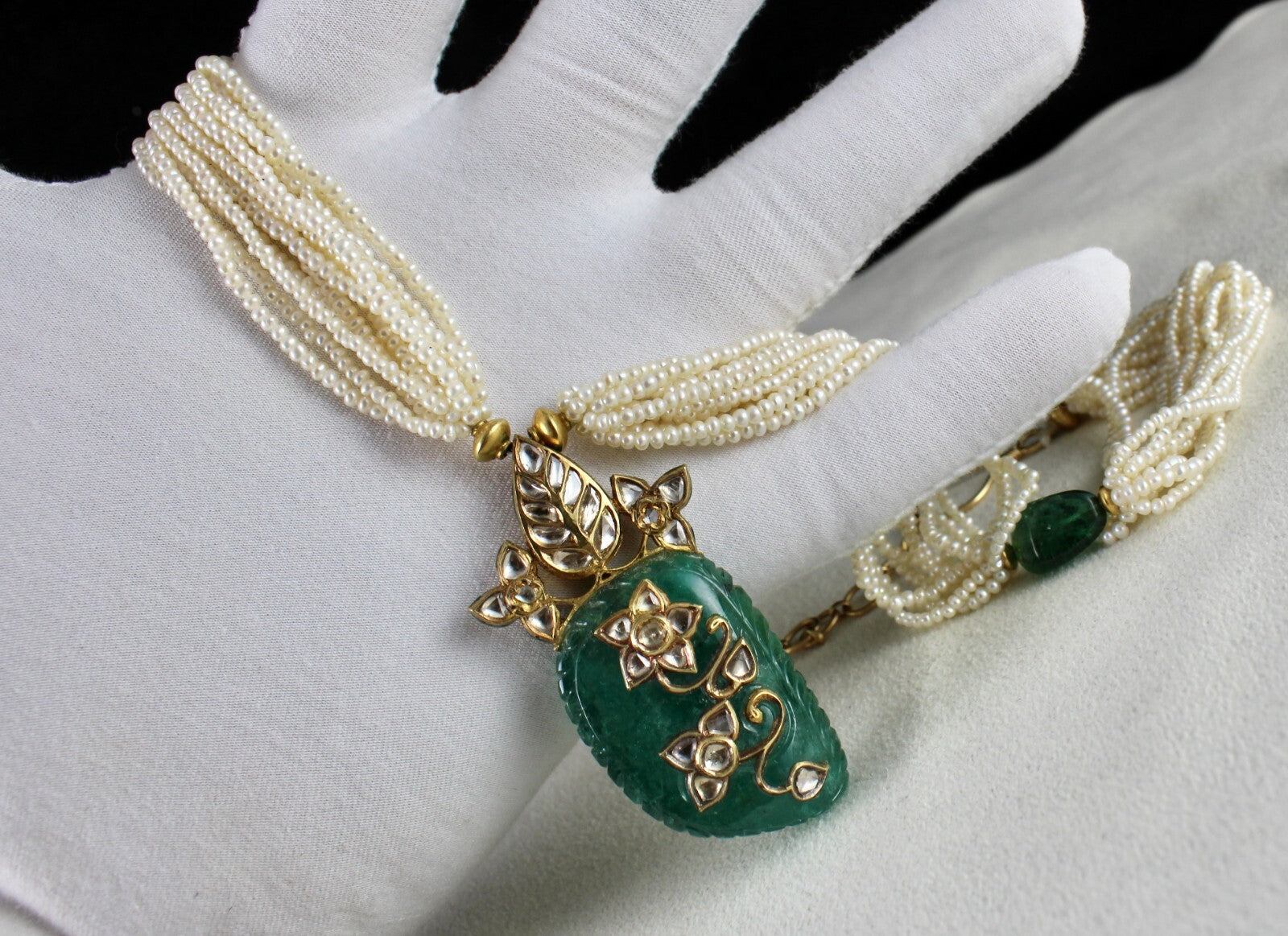 Certified Natural Zambia Emerald 10ct Natural Diamond Gold Jadau Necklace