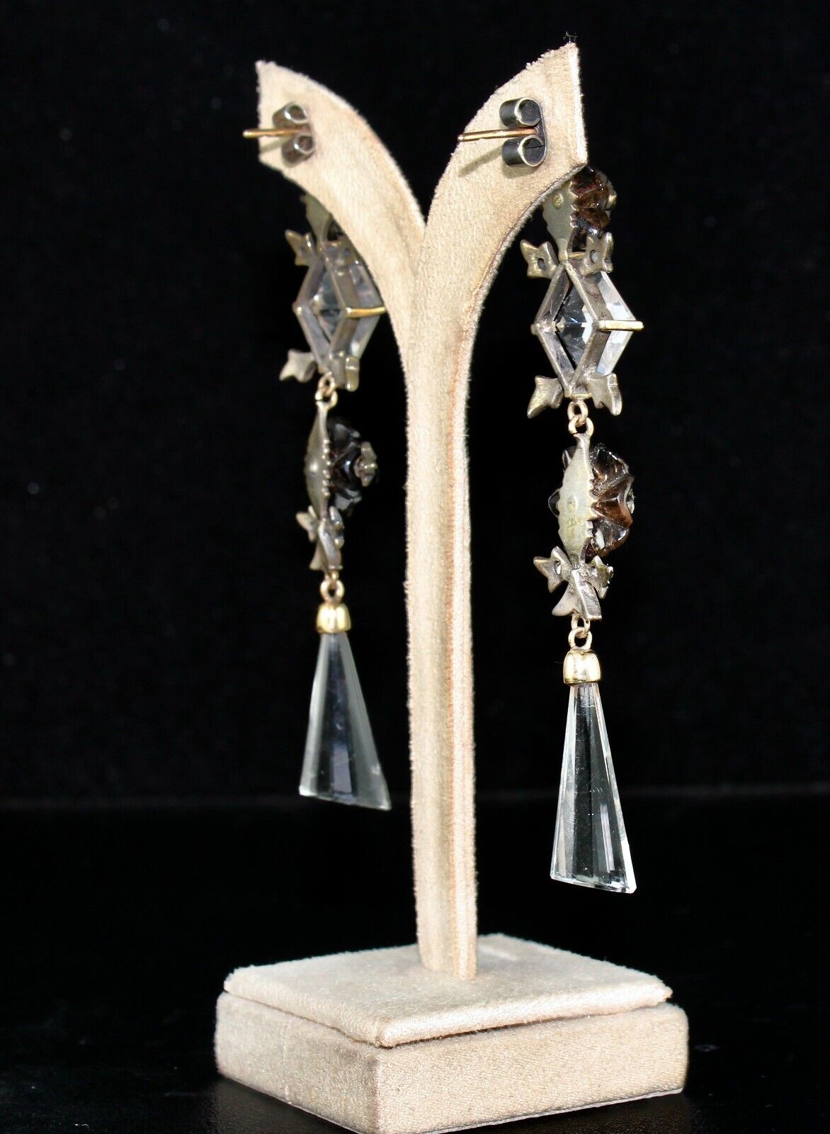 NATURAL SMOKY CRYSTAL QUARTZ CUT STONE DIAMOND 18K GOLD VICTORIAN SILVER EARRING