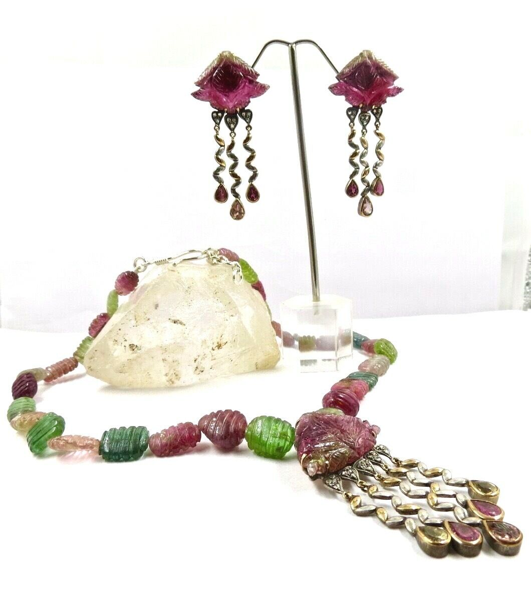 MULTI COLOUR TOURMALINE CARVED BEADS DIAMOND 18K GOLD SILVER PENDANT EARRING SET