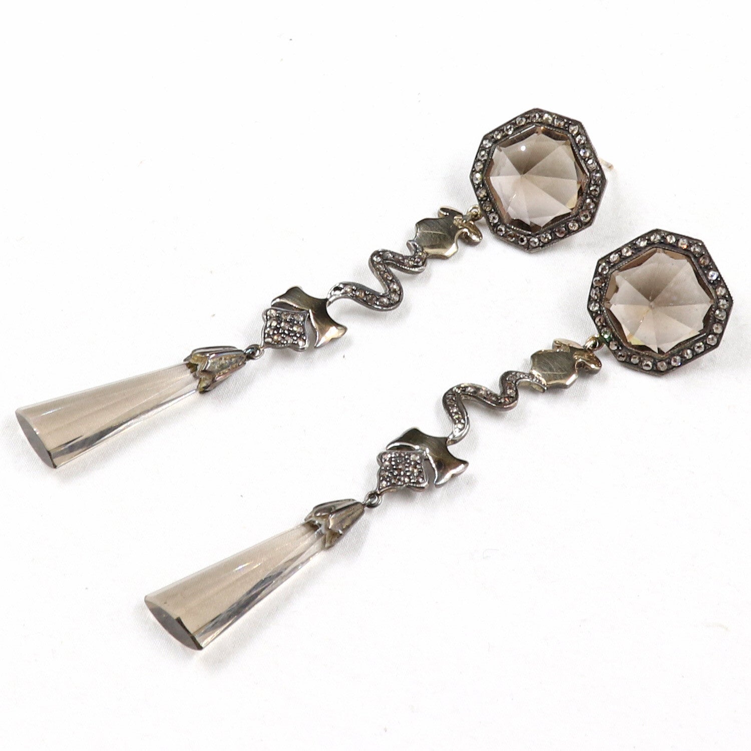 Victorian 18k Gold Smoky Quartz 84.35ct Natural Diamond Sterling Silver Earrings