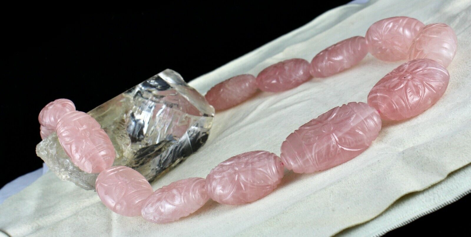 RARE BIG NATURAL ROSE QUARTZ CARVED BEADS 2027 CARATS GEMSTONE SILVER NECKLACE