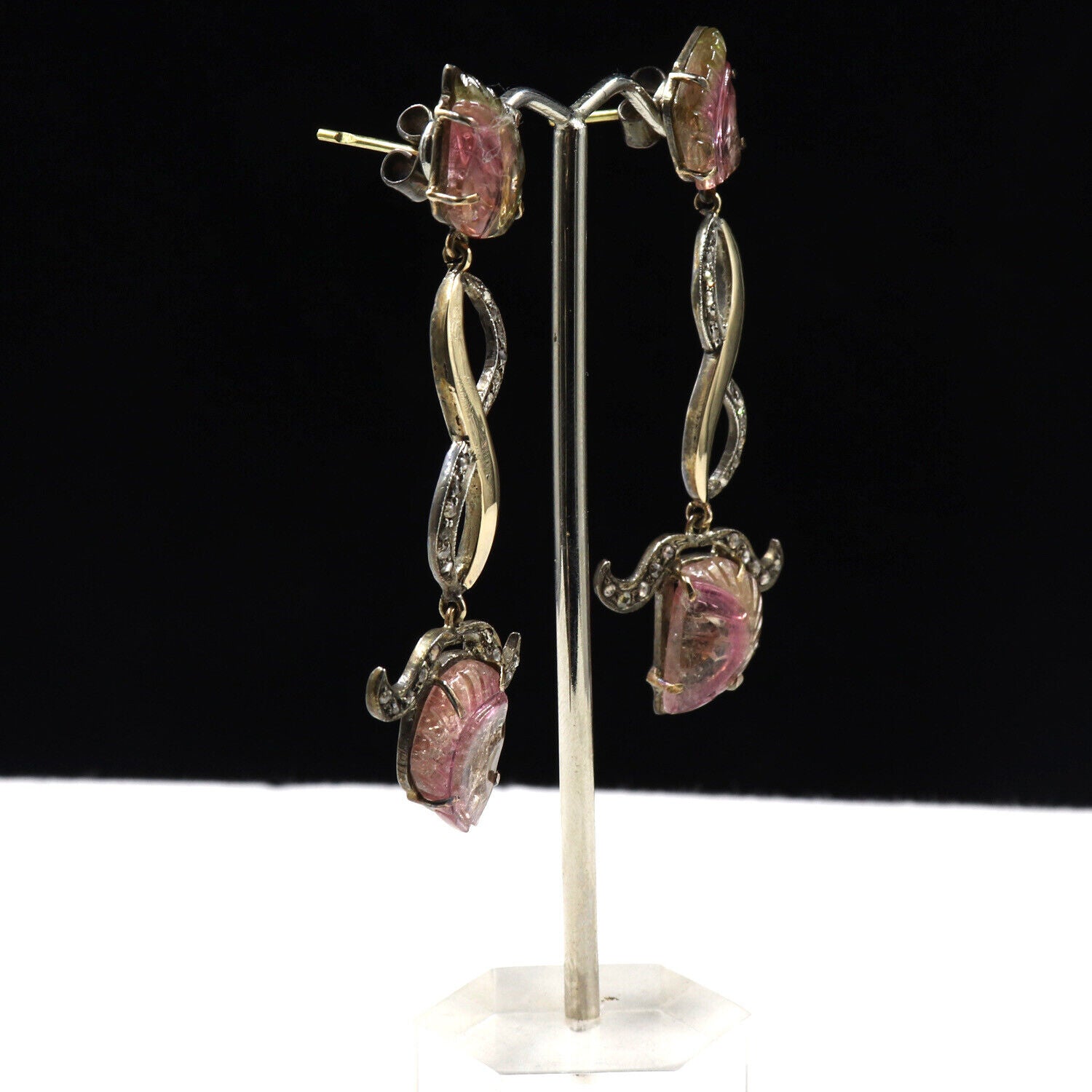 NATURAL BI COLOR TOURMALINE CARVED DIAMOND 18K GOLD 925 SILVER VICTORIAN EARRING