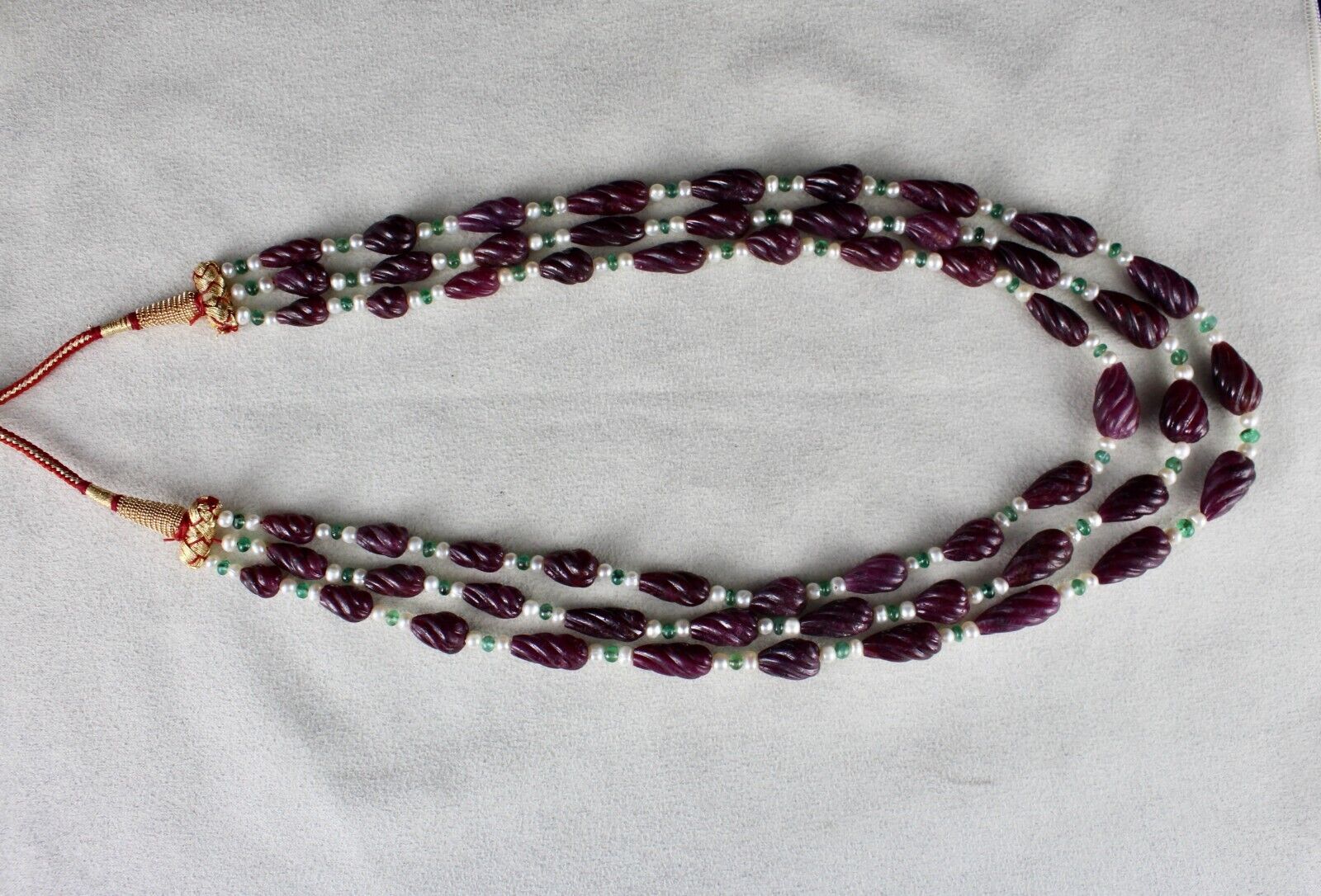 NATURAL RUBY BEADS CARVED TEAR DROPS 3 L 525 CTS EMERALD PEARL GEMSTONE NECKLACE