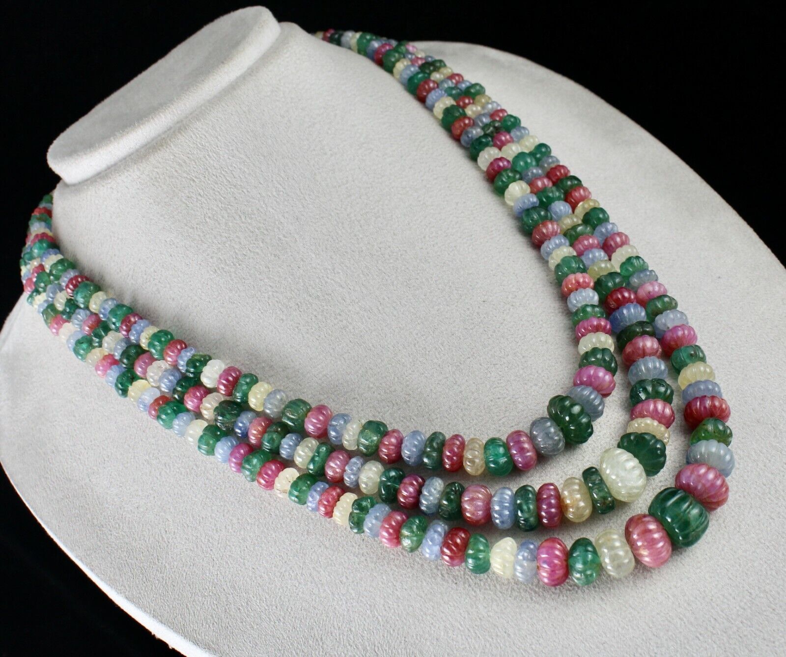Certified Natural Emerald Ruby Sapphire Beads 1173 Ct Melon Carved Fine Necklace