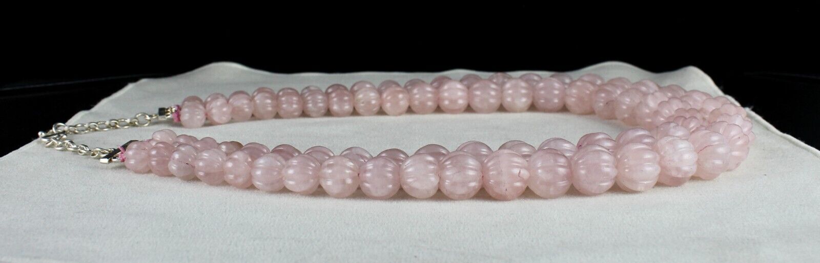 Vintage Natural Rose Quartz Melon Carved Beads 1436 Ct Gemstone Silver Necklace