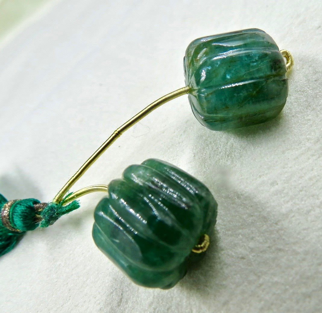 Certified 13mm Natural Emerald Carved Gemstone Bead Pair 36 Ct Earring Design