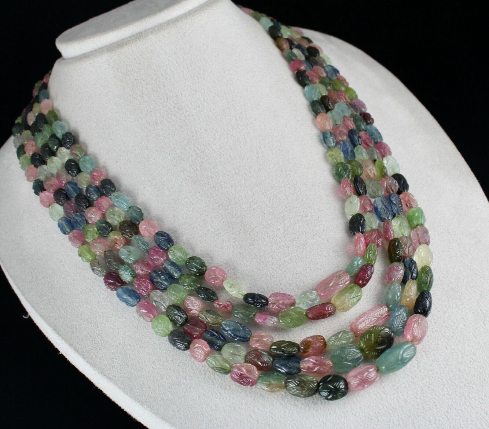 NATURAL MULTI TOURMALINE AQUAMARINE BEADS ENGRAVED 824 CARATS LADIES NECKLACE