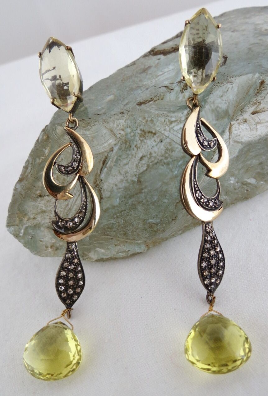 NATURAL LEMON QUARTZ TEAR DROPS DIAMOND 18K GOLD 925 SILVER VICTORIAN EARRING