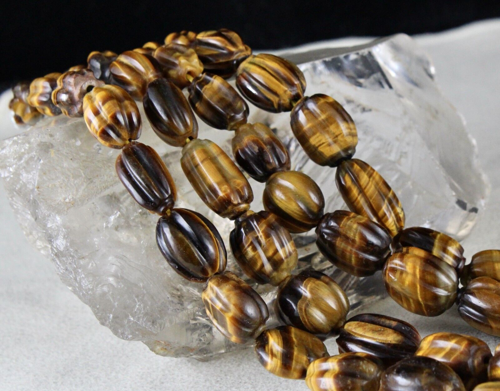 NATURAL TIGER'S EYE BEADS CARVED 2 LINE 785 CTS GEMSTONE LADIES ANTIQUE NECKLACE